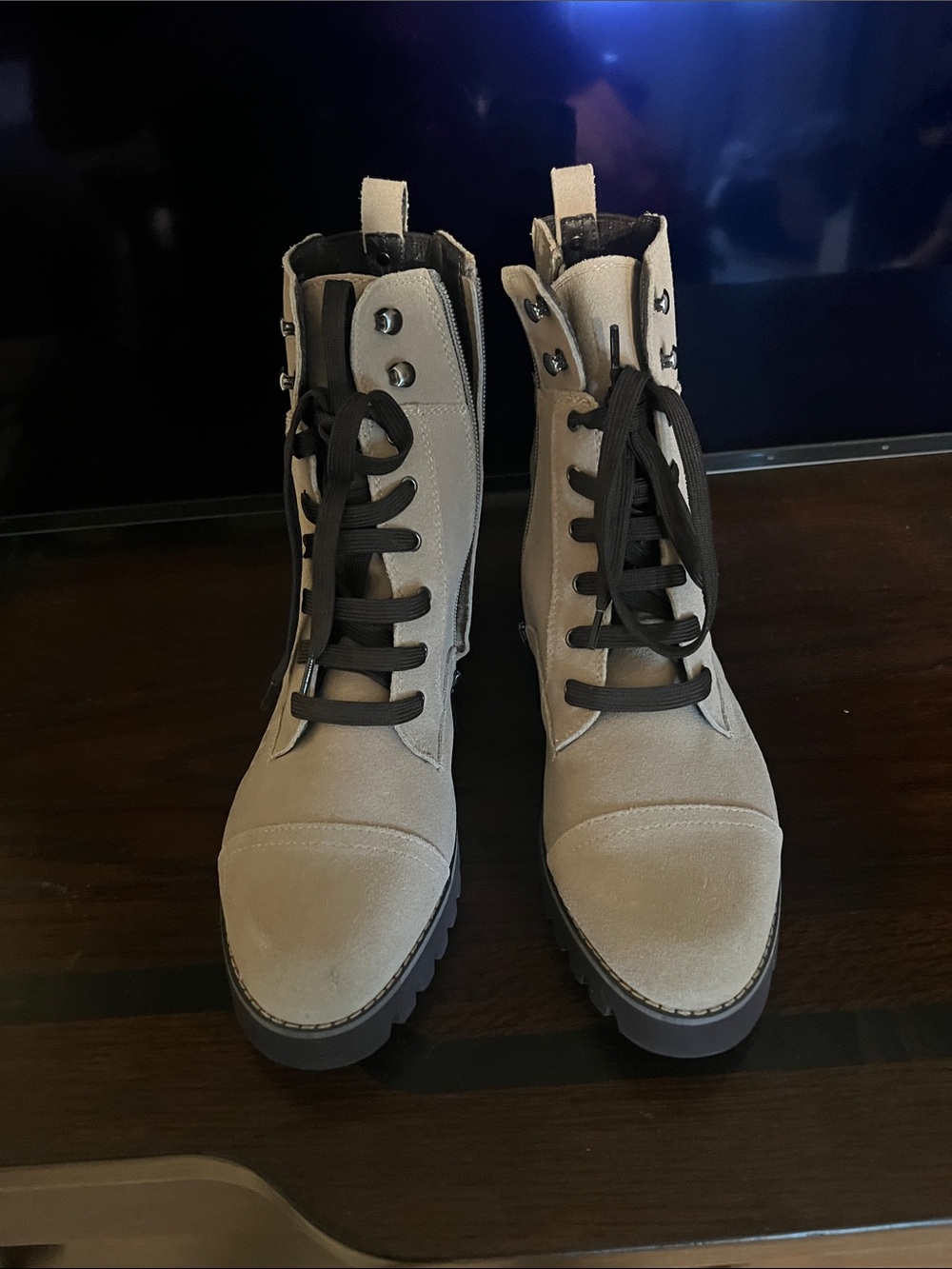 Donald J. Pliner Taupe Lace-Up Combat Boots with Black Laces